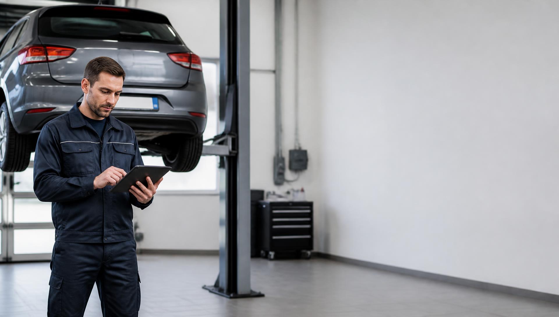 Mechanik kontroluje vozidlo na zvedáku v autoopravně